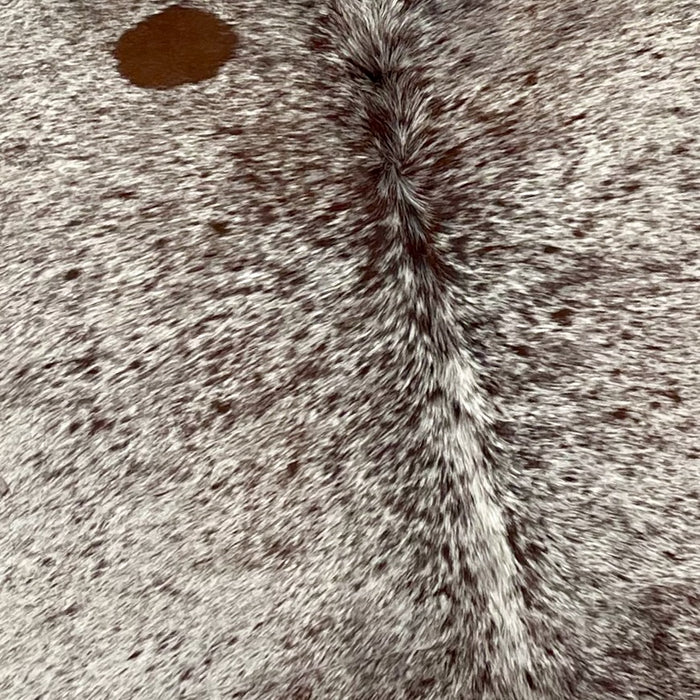 Closeup of this Large, Tricolor, Speckled, Brazilian Cowhide, showing white with brown spots and speckles over most of the hide (BRSP2266)