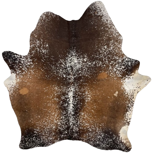 Tricolor Speckled Brazilian Cowhide:  dark brown and golden brown with white speckles and spots - 6'5" x 5'8" (BRSP2269)