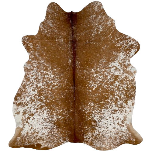 Reddidsh Brown and White Speckled Brazilian Cowhide, 1 brand mark:  white, with reddish brown speckles and spots on the sides, belly, and shanks, reddish brown, with fine white speckles down the middle and on the shoulder, and it has one brand mark on he left side of the butt - 6'1" x 4'9" (BRSP2271)