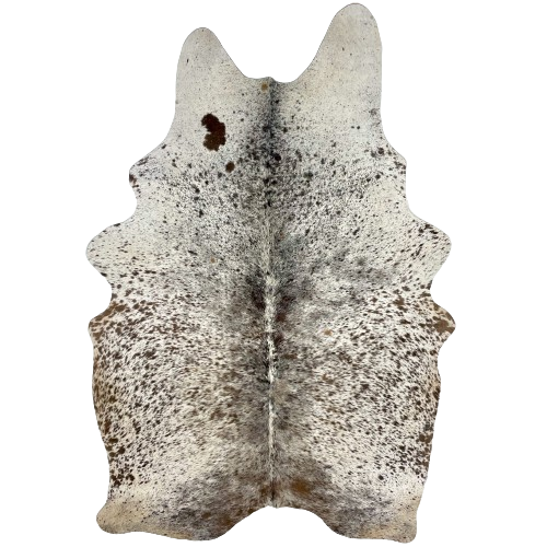 Tricolor Speckled Brazilian Cowhide:  white with brown and black, speckles and spots, and it has off-white, with speckles, on the belly and hind shanks - 7'2" x 4'6" (BRSP2276)