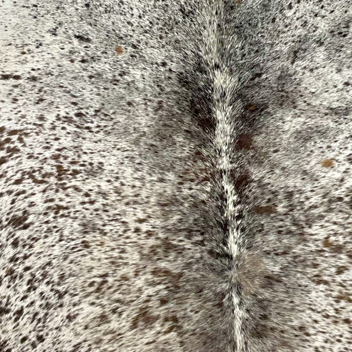 Closeup of this Tricolor Speckled Brazilian Cowhide, showing white with brown and black, speckles and spots (BRSP2276)