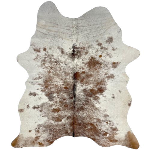 Off-White and Brown Speckled Brazilian Cowhide, 1 brand mark:  off-white, with brown speckles and spots, and it has one brand mark on the right side of the butt - 6'2" x 4'6" (BRSP2278)