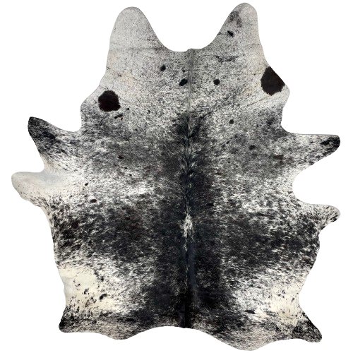Large Black and White Speckled Brazilian Cowhide: black with white speckles, and it has spots that are white with black speckles  - 7'8" x 6'4" (BRSP2283)