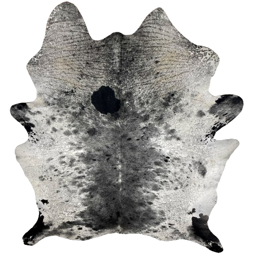 Large Black and White Speckled Brazilian Cowhide: white, with black speckles and spots, and it has black, cloudy spots on both sides, and black, with fine, white speckles down the middle and on the shanks  - 7'9" x 6'5" (BRSP2285)
