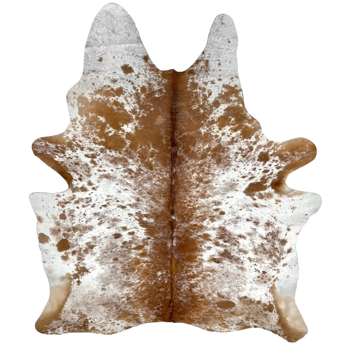 Large Brown and White Speckled Brazilian Cowhide: white with brown speckles and spots, and it has brown, with white speckles, down the middle - 7'8" x 5'11" (BRSP2290)