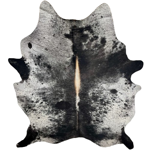 XL Black and Whit Speckled Brazilian Cowhide:  white, with black speckles and spots, on the sides and belly, black, with white speckles, on the back and shanks, and it has light brown down part of the spine - 8'2" x 6'4" (BRSP2296)