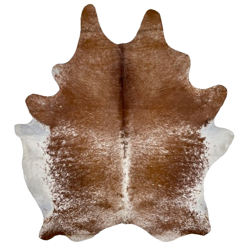 XL Brown and White Speckled Brazilian Cowhide:  brown with white speckles, and it has white down part of the spine and on the belly - 8'4" x 6'8" (BRSP2300)