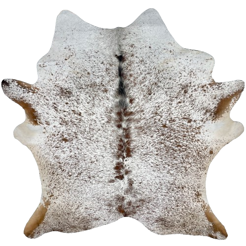 Brown and White Speckled Brazilian Cowhide:  white with brown speckles and spots, and some black spots down the spine in the middle of the shoulder, and it has off-white on the belly - 7'5" x 6'5" (BRSP2301)