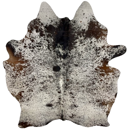 Tricolor Speckled Brazilian Cowhide, 1 brand mark:  white with black and dark brown speckles and spots, and it has one brand mark on the right side of the butt - 7'2" x 5'11" (BRSP2305)
