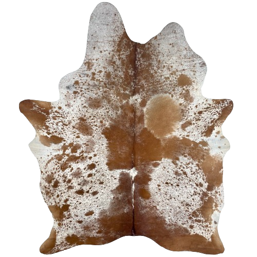 Brown and White Speckled Brazilian Cowhide, 1 brand mark:  white, with brown speckles and spots, and it has one large, caramel spot on the right side of the shoulder, and it has one brand mark on the right, hind shank - 7'4" x 5'6" (BRSP2309)