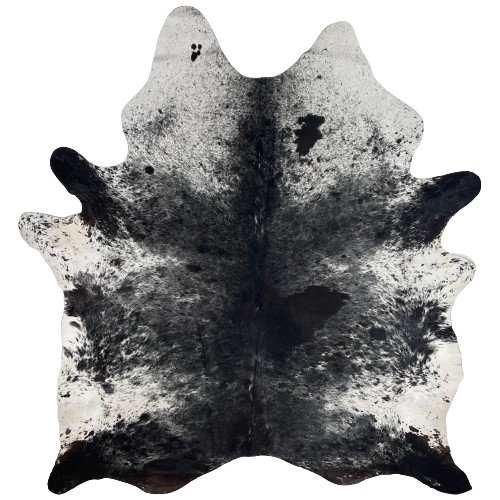 Large Black and White Speckled Brazilian Cowhide:  black, with fine, white speckles and spots, and it has white, with black speckles, on the belly and shoulder - 7'10" x 6'2" (BRSP2314)