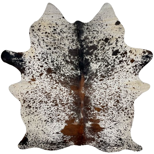 Large Tricolor Speckled Brazilian Cowhide, 1 brand mark:  white, with dark reddish brown and black speckles and spots, and it has one inconspicuous brand mark on the right side of the but - 7'6" x 6'1" (BRSP2318)