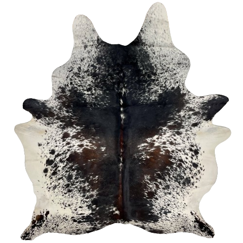 Large Tricolor Speckled Brazilian Cowhide:  white, with black and dark brown speckles and spots, and it is mostly black down the middle, and dark brown, with white speckles, down the spine - 7'9" x 6'2" (BRSP2329)