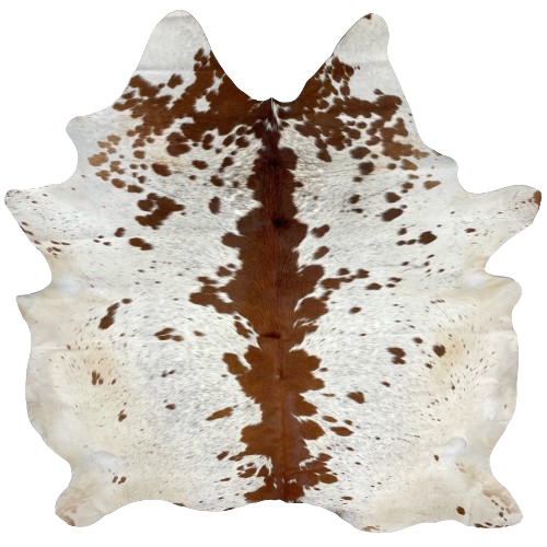 Large Off-White and Reddish Brown Speckled Brazilian Cowhide:  off-white with reddish brown speckles and spots, and it has solid reddish brown down the middle - 7'9" x 6'10" (BRSP2341)