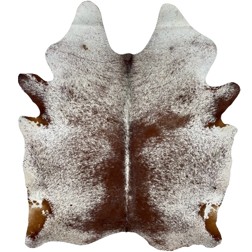 Large Brown and White Speckled Brazilian Cowhide, 1 brand mark:  white with brown speckles and spots, and it has one brand mark on the left side of the butt - 7'9" x 5'10" (BRSP2346)