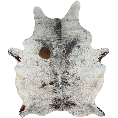 XXL Tricolor Speckled Brazilian Cowhide, 3 brand marks:  white with dark brown and black speckles and spots, and it has one brand mark on the back, along the spine, and one on each side of the lower back - 8'7" x 6'1" (BRSP2348)