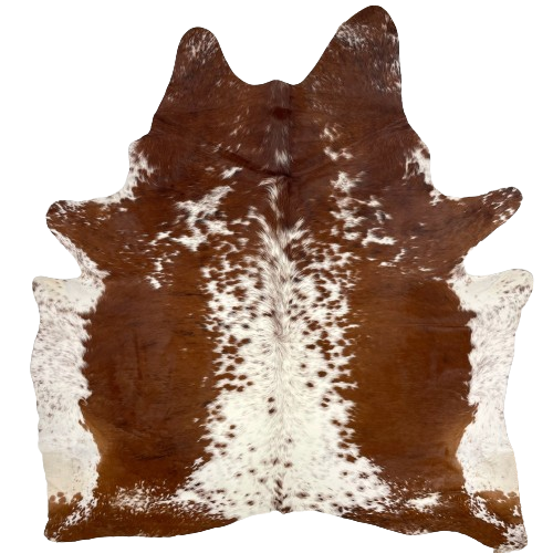 Brazilian Tricolor Speckled Cowhide:  has a mix of reddish brown and black down both sides of the back, white with reddish brown speckles and spots down the middle of the back and on the belly, and it has a mix of reddish brown and black, with white speckles and spots, on the shoulder, shanks, and butt - 7'5" x 6'2" (BRSP2367)