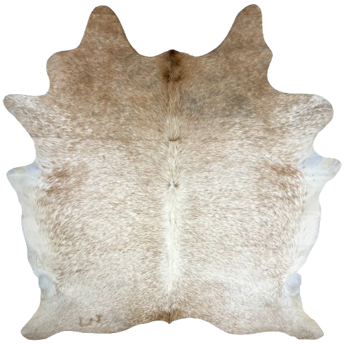 Large White and Brown Speckled Brazilian Cowhide, 1 brand mark:  white with brown speckles covering most of the hide, a mix of different shades of brown and black on the shoulder, white, longer hair down the spine, and it has one brand mark on the left side of the butt - 7'11" x 6'8" (BRSP2370)