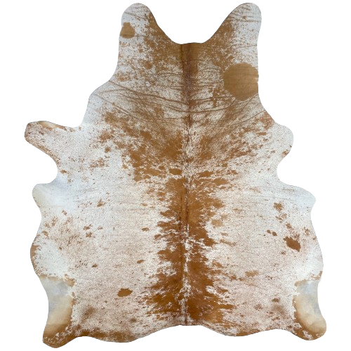 Large Reddish Brown and White Speckled Brazilian Cowhide, 1 brand mark:  white with reddish brown speckles and spots, and it has one brand mark on the right side of the butt - 7'7" x 6'3" (BRSP2374)