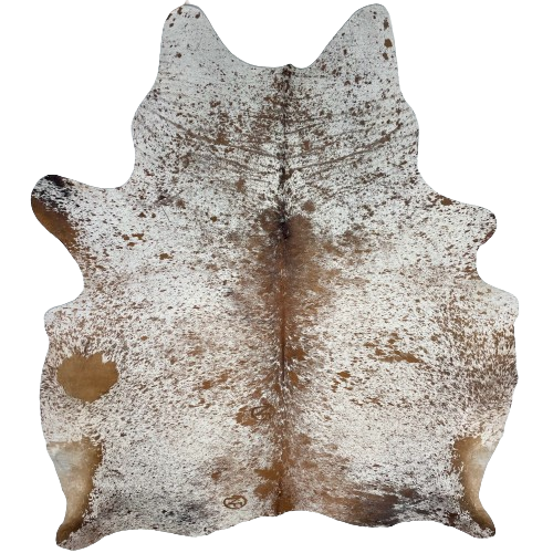 Brown and White Speckled Brazilian Cowhide, 2 brand marks:  white with brown speckles and spots, and it has one brand mark on the left side of the butt, and another along the spine, on the left side of the back - 7'1" x 6'2" (BRSP2376)