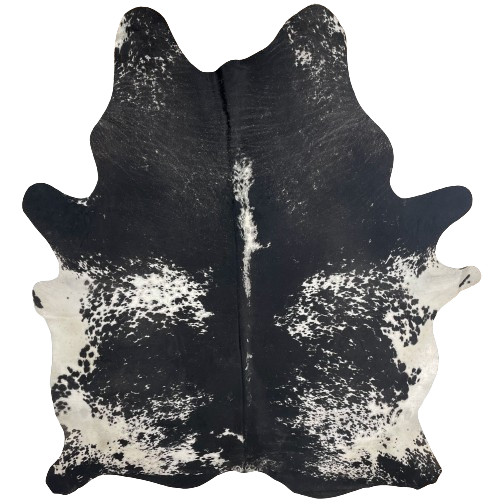 XL Black and White Speckled Brazilian Cowhide, 1 brand mark:  black, with some white speckles on the shoulder and down the middle, and it has white, with black spots and speckles on the sides and belly, and one brand mark on the right side of the butt - 8'4" x 6'5" (BRSP2380)