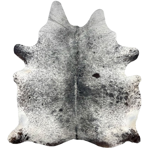Black and White Speckled Brazilian Cowhide, 2 brand marks:  white with black speckles and spots, a touch of blackish brown on the hind shanks, and it has two brand marks on the right side of the butt - 6'7" x 5'4" (BRSP2397)