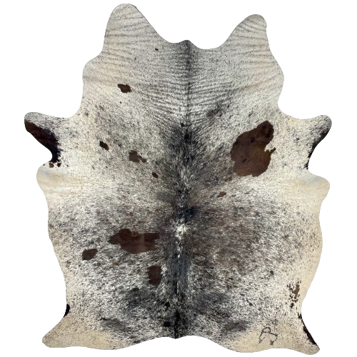 Tricolor Speckled Brazilian Cowhide, 1 brand mark:  white with black and dark brown spots and speckles, and it has one brand mark on the right side of the butt - 6'9" x 5'2" (BRSP2400)