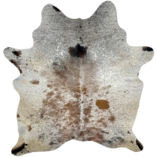 Tricolor Speckled Brazilian Cowhide, 2 brand marks:  white with brown and black speckles and spots, and it has two brand marks along the lower edge, one on each side - 6'5" x 5' (BRSP2405)
