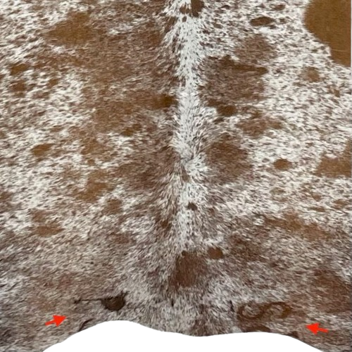 Closeup of this Tricolor Speckled Brazilian Cowhide, showing two brand marks along the lower edge, one on each side (BRSP2405)