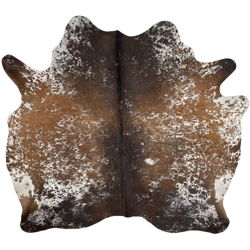Small Two-Tone Brown and White Speckled Brazilian Cowhide, 2 brand marks:  white with dark brown and medium brown spots and speckles, and it has two brand marks on the right side of the butt - 5'8" x 5'9" (BRSP2407)