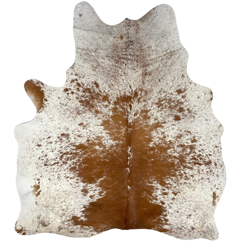 Brown and White Speckled Brazilian Cowhide, 1 brand mark:  white with brown spots and speckles, and it has one brand mark on the right side of the butt - 6'2" x 5'3" (BRSP2408)