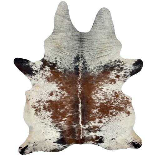 Tricolor Speckled Brazilian Cowhide:  white with brown and black spots and speckles - 7'5" x 5'4" (BRSP2409)