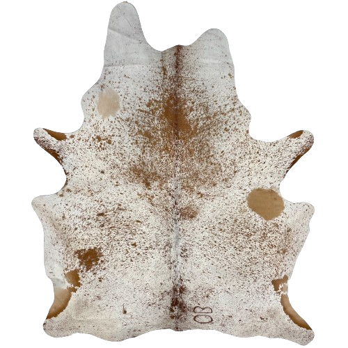 White and Brown Speckled Brazilian Cowhide, 1 brand mark:  white with brown speckles and spot, and it has one brand mark on the right side of the butt - 7'2" x 5'5" (BRSP2410)