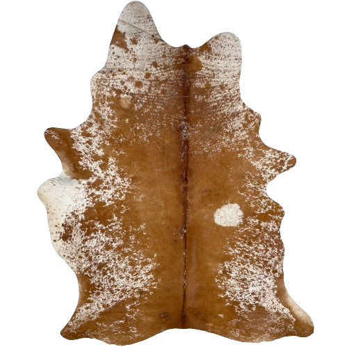 Brown and White Speckled Brazilian Cowhide, 2 brand marks:  brown, with a few white speckles, down the middle of the back, and white with brown speckles and spots on the sides, belly, shoulder, and shanks, and it has two brand marks near the lower edge - 6'11" x 4'7" (BRSP2412)