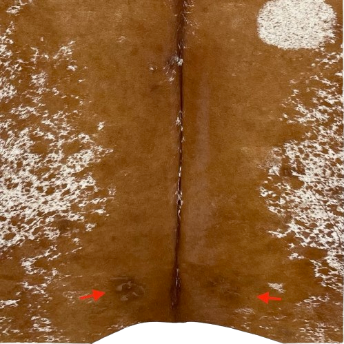 Closeup of this Brown and White, Speckled, Brazilian Cowhide, showing two brand marks near the lower edge (BRSP2412)