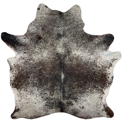 Tricolor Speckled Brazilian Cowhide, 2 brand marks:  black and blackish brown with white speckles in the middle of the back, and white with black and blackish brown speckles and spots everywhere else, and it has one brand mark on each side of the butt - 6'5" x 5'7" (BRSP2413)