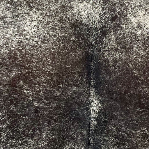 Closeup of this Tricolor, Speckled, Brazilian Cowhide, showing black and blackish brown with white speckles in the middle of the back, and white with black and blackish brown speckles and spots on the shoulder  (BRSP2413)