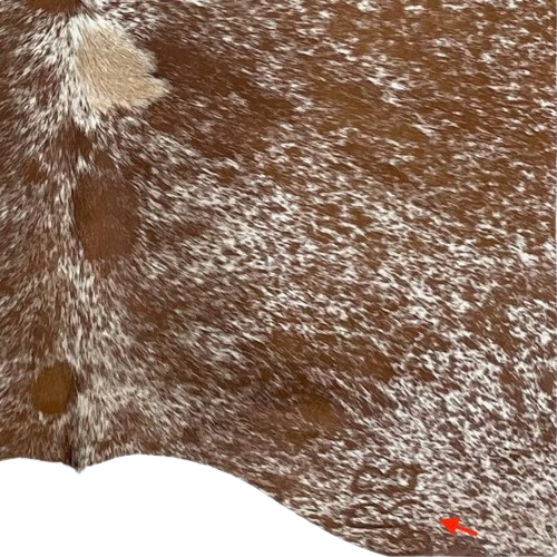CLoseup of this Brown and White, Speckled, Brazilian Cowhide, showing one brand mark on the right side of the butt (BRSP2416)