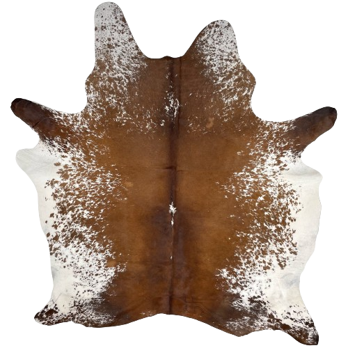 Brown and White Speckled Brazilian Cowhide, 1 brand mark:  brown, with a few white speckles, down the middle and on the fore shanks, and white, with brown speckles and spots, on the belly, neck, and hind shanks, and it has one brand mark on the right side of the butt - 6'2" x 5'3" (BRSP2417)