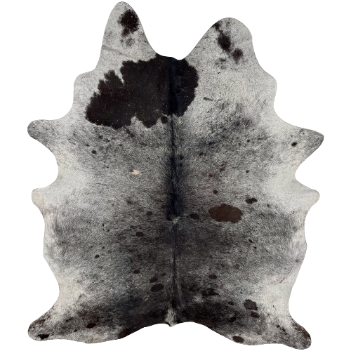 Black and White Speckled Brazilian Cowhide:  black with fine, white speckles, and white with black speckles on the belly, shoulder, and shanks, and a large, black spot on the left side of the shoulder - 6'10" x 5'3" (BRSP2420)