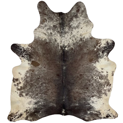 Brown and Off-White Speckled Brazilian Cowhide, 5 brand marks:  brown, with fine white speckles, on the back, and off-white, with brown speckles and spots, on the belly, shoulder, and shanks, and it has two brand marks along the spine, on the right side, and two on the right side of the butt and one on the left side of the butt - 7' x 5'6" (BRSP2423)