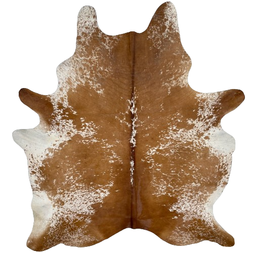 Brown and White Speckled Brazilian Cowhide:  white with brown spots and speckles, with it being mostly brown down the middle, and it has one brand mark on the right side of the butt - 7'4" x 5'11" (BRSP2425)