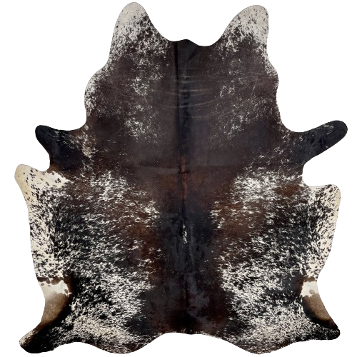 Tricolor Speckled Brazilian Cowhide:  white with black and dark reddish brown spots and speckles, and it has a mix of black and dark reddish brown down the middle - 7'2" x 5'11" (BRSP2427)