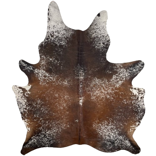 Tricolor Speckled Brazilian Cowhide, 1 brand mark:  brown and blackish brown with white spots and speckles, and it has one brand mark on the left side of the butt - 7'2" x 5'11" (BRSP2429)