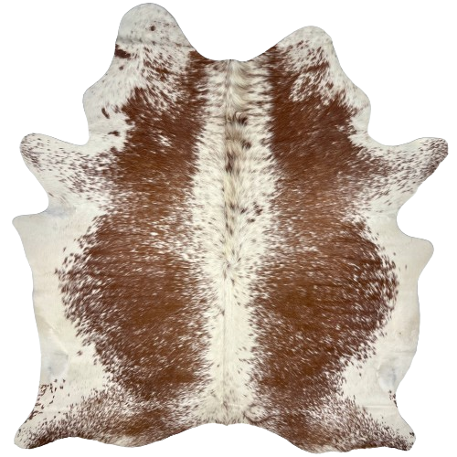 Brown and White Speckled Brazilian Cowhide, 1 brand mark:  white, with brown speckles, down the spine and on the belly and shanks, and it has brown, with white speckles, down both sides of the back, butt, and shoulder, and it has one brand mark on the right side of the butt - 6'7" x 5'8" (BRSP2431)