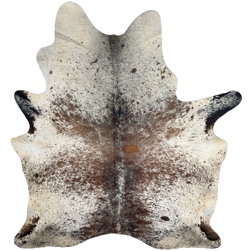 Large Tricolor Speckled Brazilian Cowhide, 2 brand marks:  white with brown and black speckles and spots, and it has one brand mark on each side of the butt - 7'10" x 6'1" (BRSP2432)