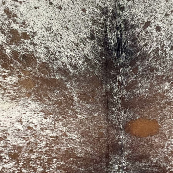Closeup of this Large, Tricolor, Speckled, Brazilian Cowhide, showing white with brown and black speckles and spots (BRSP2432)