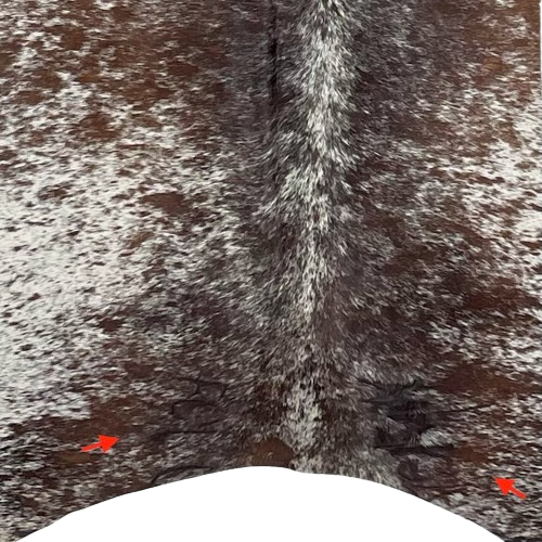 Closeup of this Large Tricolor Speckled Brazilian Cowhide, showing one brand mark on each side of the butt (BRSP2432)