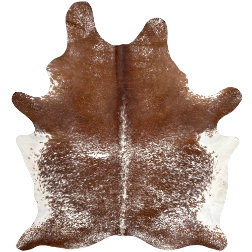 Brown and White Speckled Brazilian Cowhide:  brown with white speckles and spots, and white with brown speckles on the belly - 7'3" x 5'9" (BRSP2433)