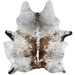 Large Tricolor Speckled Brazilian Cowhide, 2 brand marks:  white with black and brown speckles and brown spots, and it has two brand marks on the left side of the butt - 7'7" x 6' (BRSP2435)